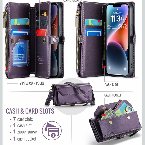 Premium iPhone 14 Purple Crossbody Wallet Phone Case with Strap - Picture 2 of 13